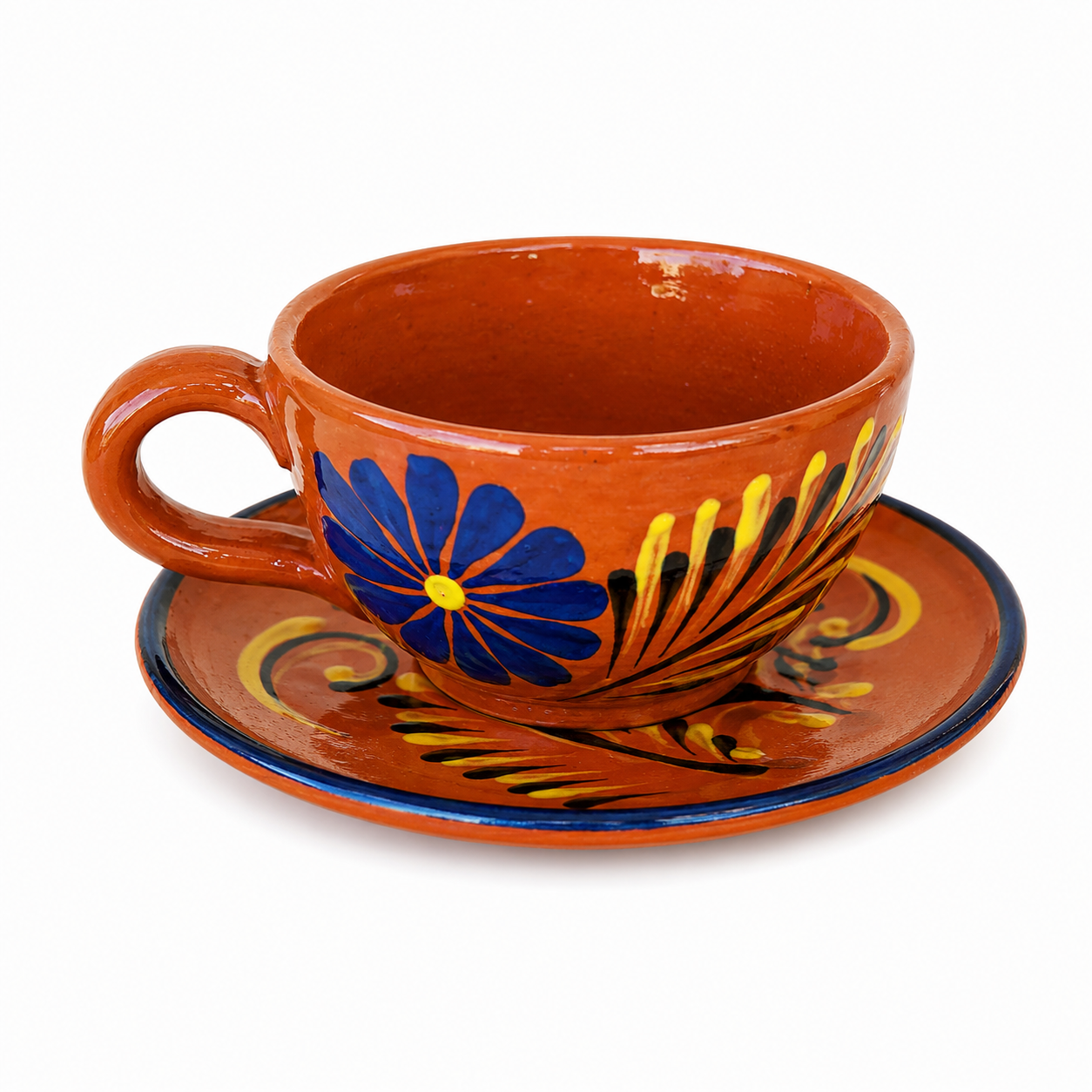 Hand-Painted Mexican Barro Clay Tea Set, Blue Floral