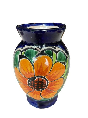 Mexican Ceramic Floral Blue Orange Vase