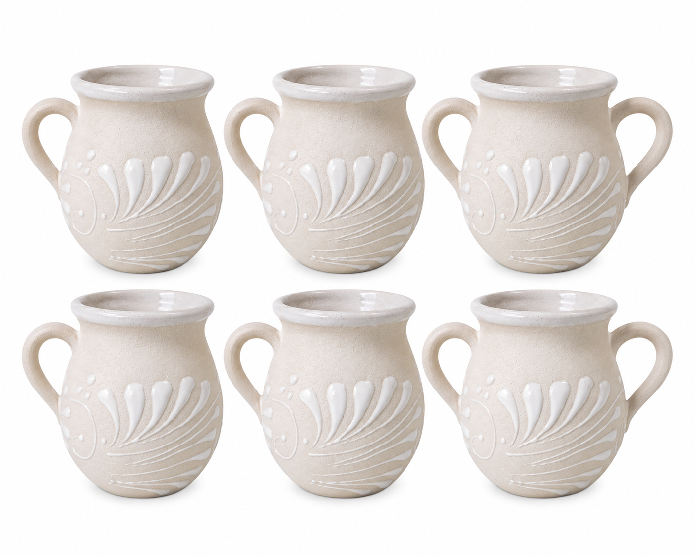 Set of six white ceramic mugs with shell pattern on a white background