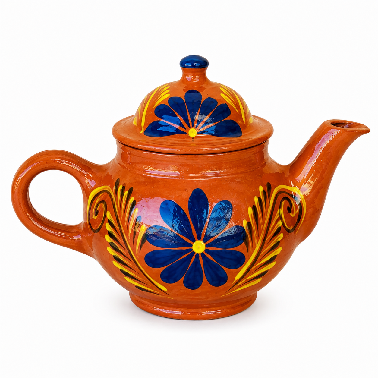 Hand-Painted Mexican Barro Clay Tea Set, Blue Floral