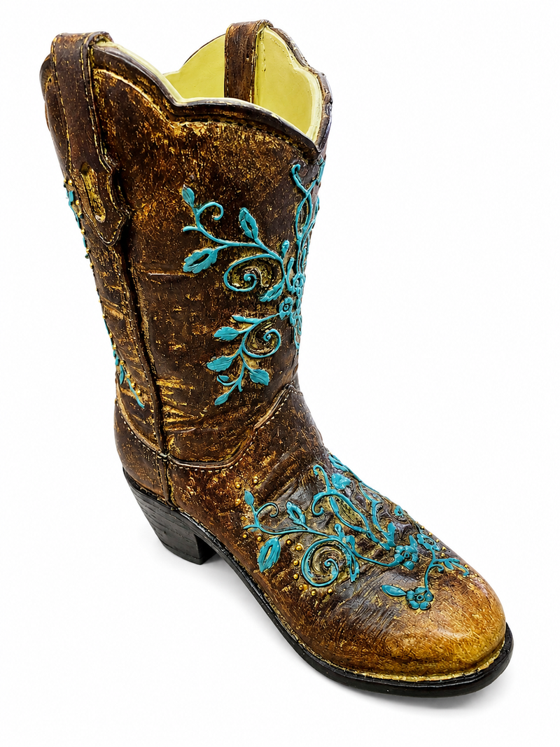 Rustic Resin Cowboy Boot Flower Vase, Brown & Turquoise