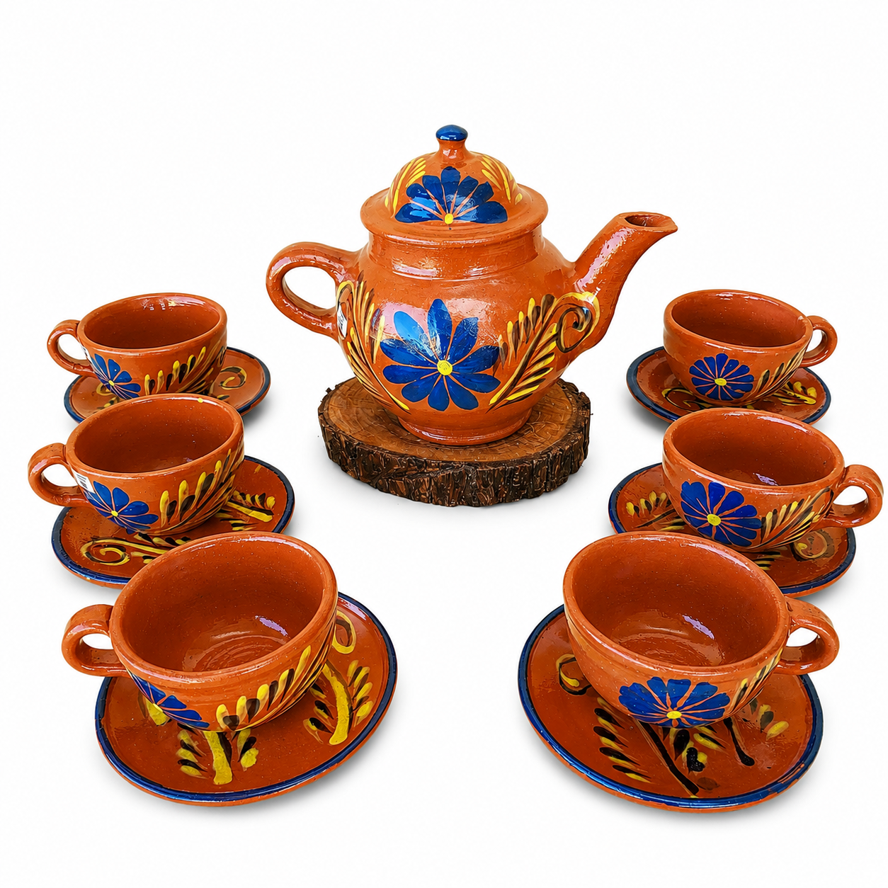 Hand-Painted Mexican Barro Clay Tea Set, Blue Floral