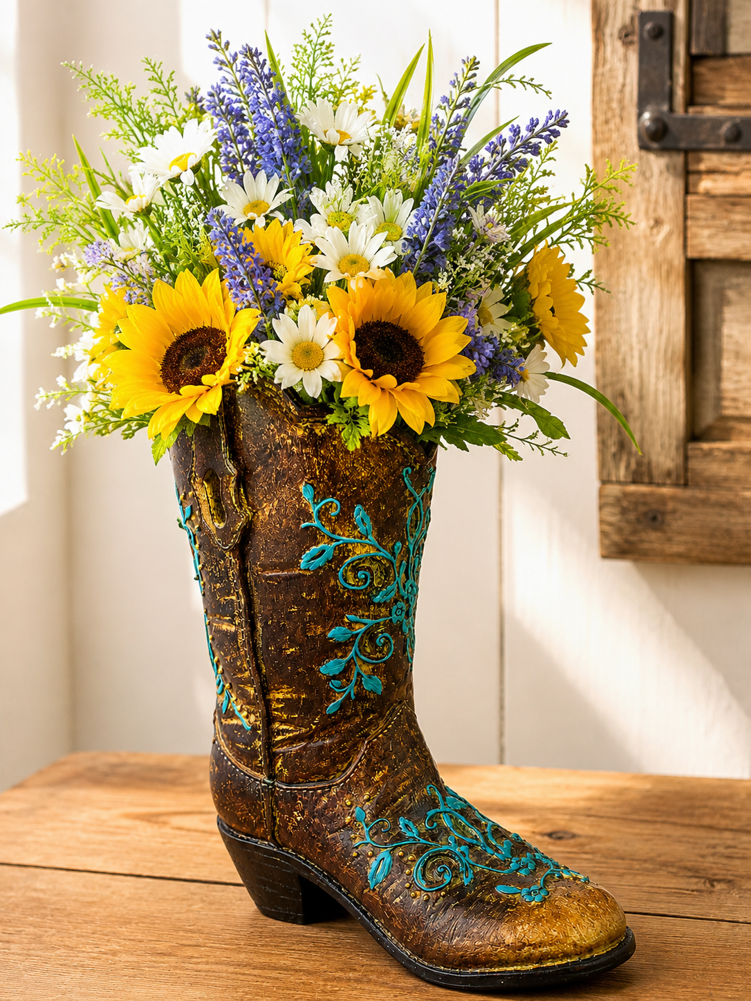 Decorative cowboy boot with floral arrangement on a wooden surface