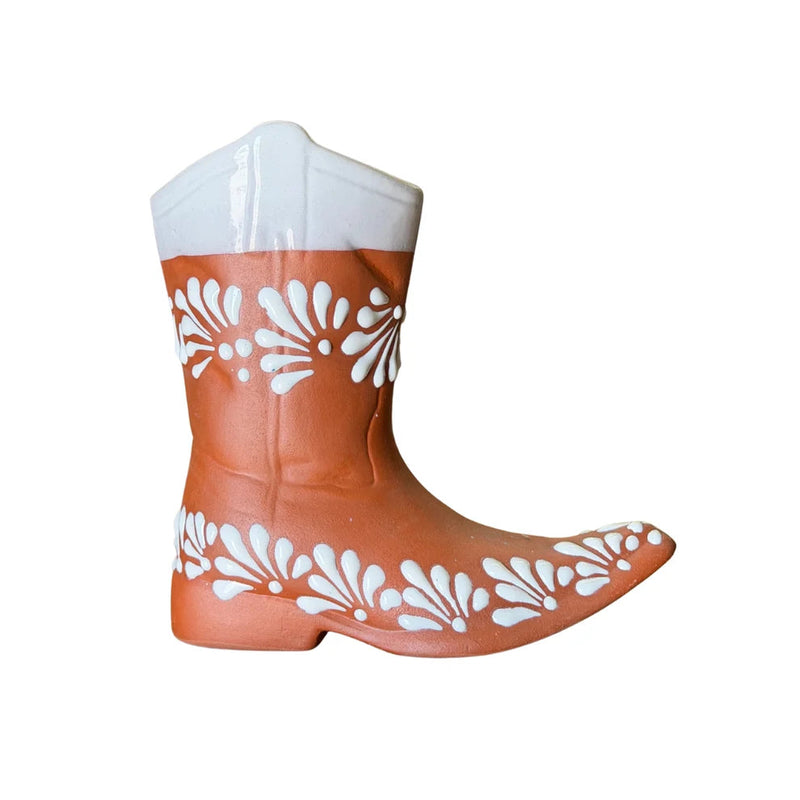 Mexican Ceramic Cowboy Boot Terracotta White Vase