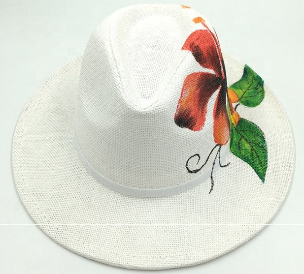 Women's Hand-Painted Floral Panama Straw Hat, Summer Sun Hat
