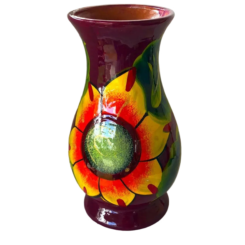 Mexican Ceramic Sunflower Maroon Vase
